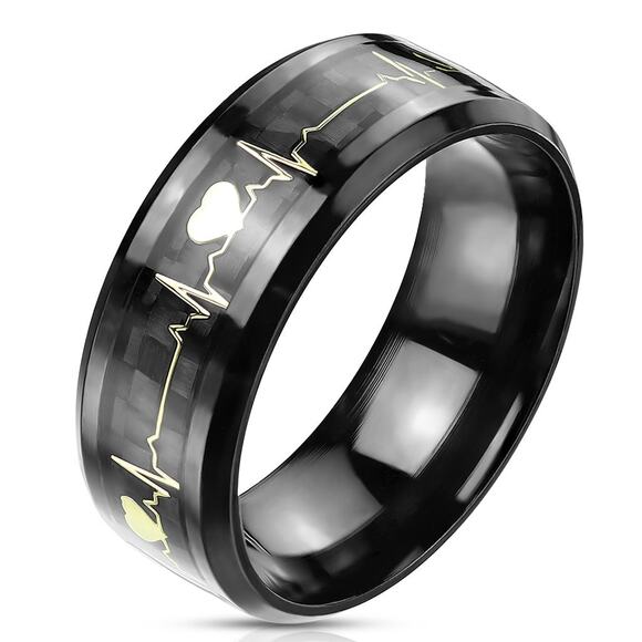 Gold Heart Beat Inlaid Center Black 316L Stainless Steel Band 8mm width size 6 - Picture 2 of 2